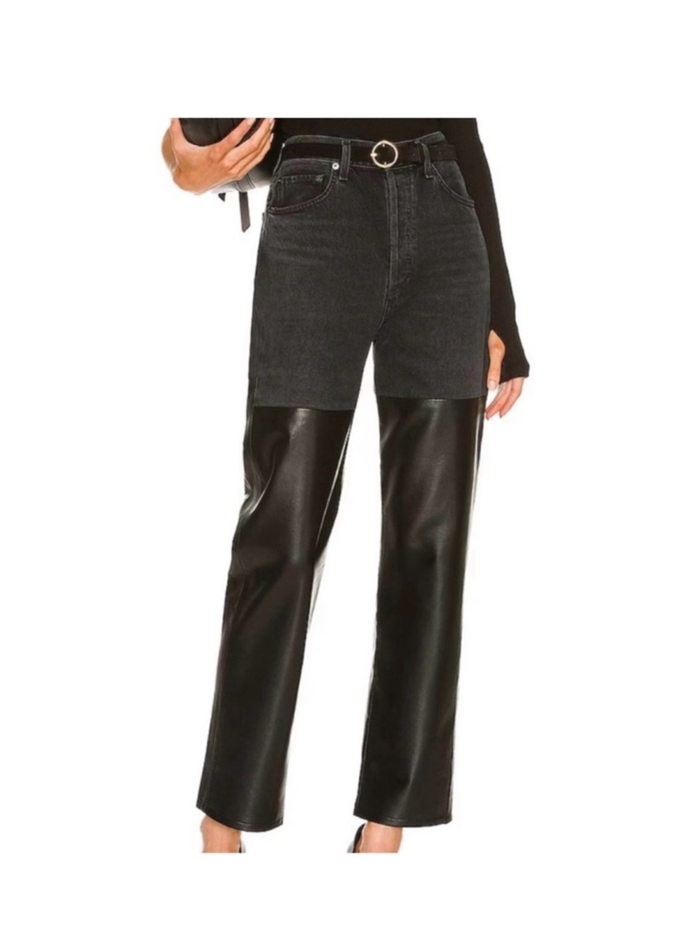 Agolde Black Two-Tone Straight-Leg Jeans with Faux Leather Panels